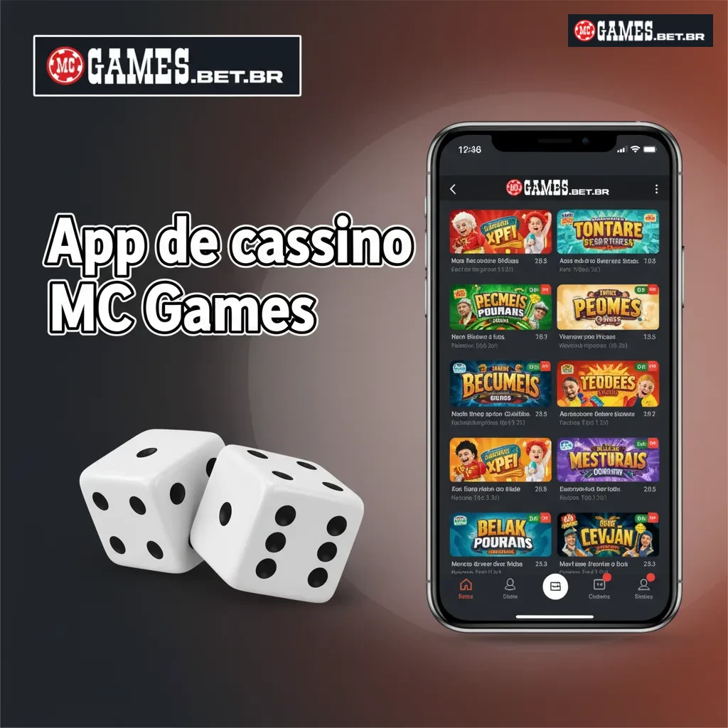 App de cassino MC Games mostrando lobby com slots, roleta, blackjack e crupiês ao vivo, filtros por provedor e promoções