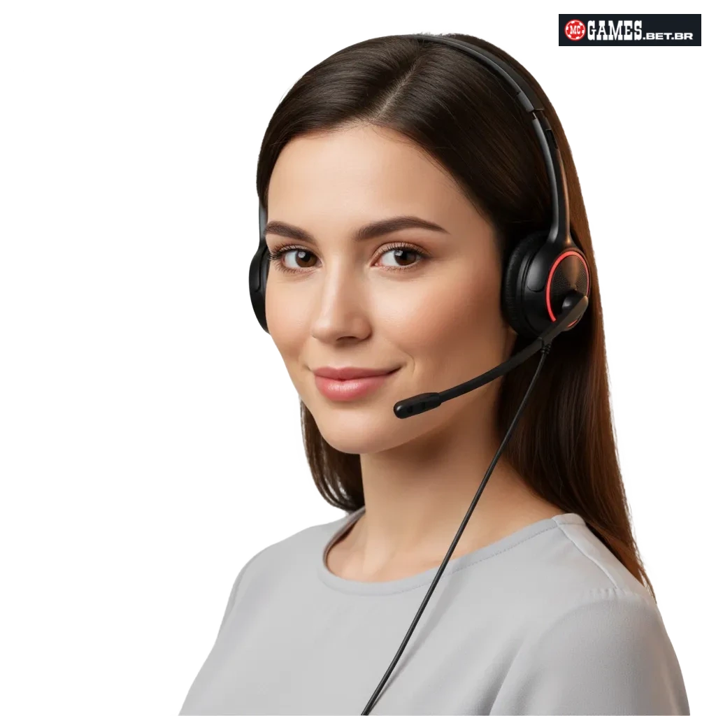 Contatos MC Games Brasil: ícones de e-mail, chat, telefone, mensageiros e redes sociais; suporte 24/7 em PT-BR e inglês.