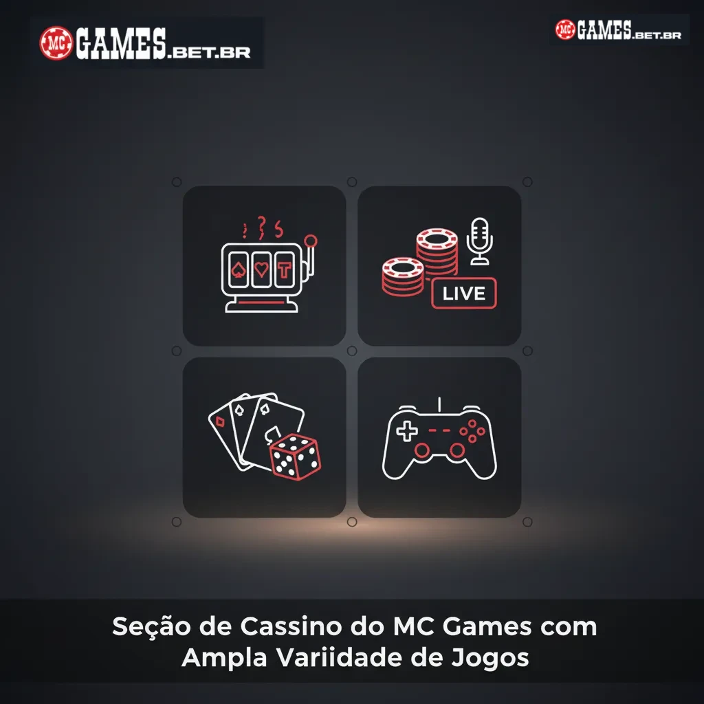 Lobby do cassino MC Games com filtros e categorias como Slots, Crash, Mesa, Bingo, Jackpots; grade com 3.000+ jogos.