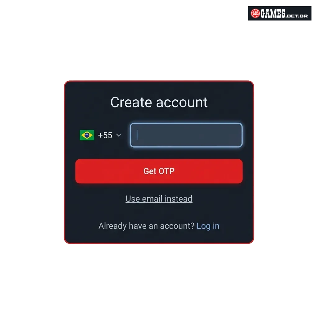 Tela de registro e login da MC Games mostrando formulário de cadastro para cassino online e apostas esportivas